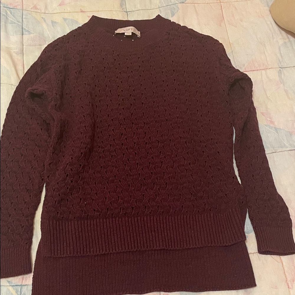 LOFT Burgundy Pointelle Crewneck Sweater